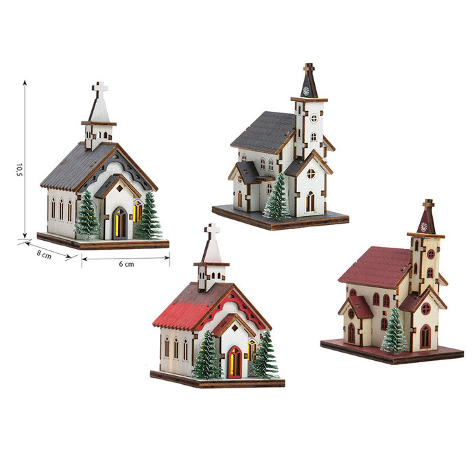 2372-8001 Christmas decoration with LED light - church, mix 12 pcs