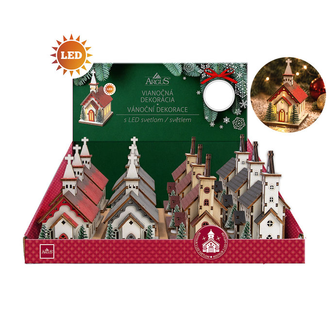 2372-8001 Christmas decoration with LED light - church, mix 12 pcs